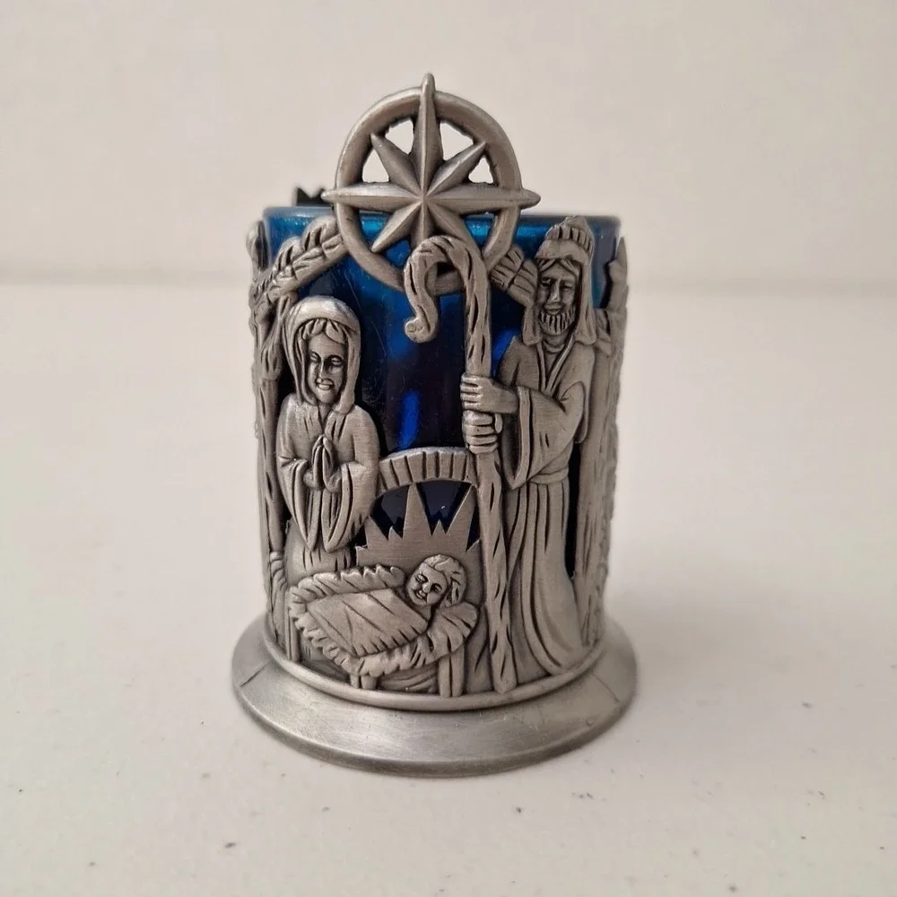 VTG Nativity Scene Pewter Blue Glass Notive Candle Holder MADE TAIWAN 3.5